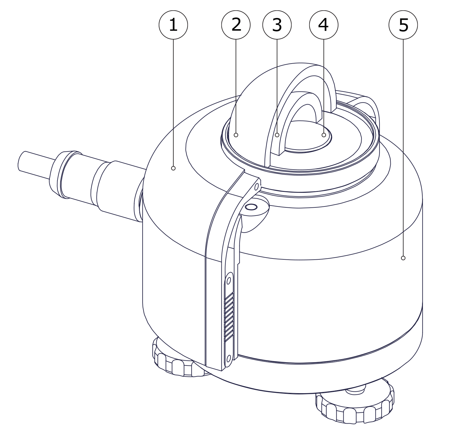 essential parts of a typical thermopile pyranometer: sunscreen (1), outer dome (2), inner dome (3), thermopile with sensor surface (4) and aluminium sensor body (5)