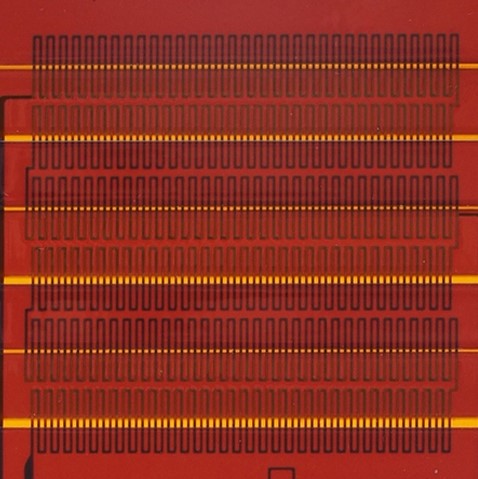 close up of a heat flux sensor with a thermopile created using etching and plating technology