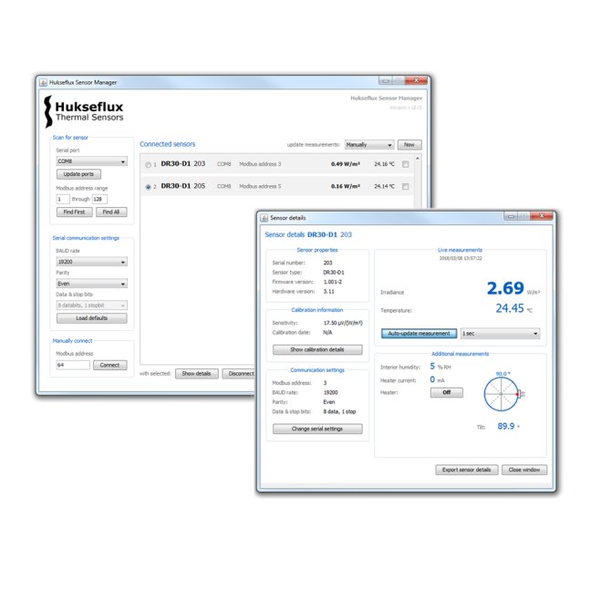 Hukseflux Sensor Manager software allows the user to plot and export data, to view outputs for sensor diagnostics, and to change the Modbus address and communication settings
