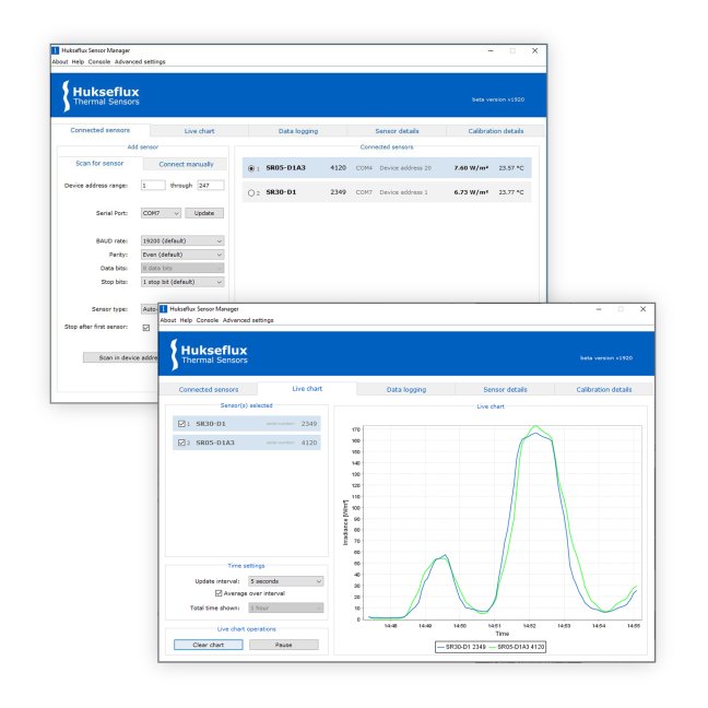 Configure Modbus sensor and serial communication settings with the Hukseflux Sensor Manager software